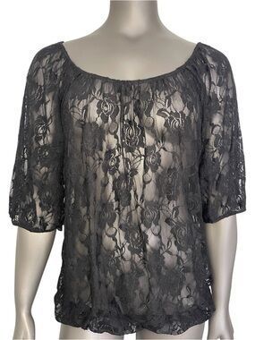 French Atmosphere Lace Top L Black Elastic Waist Sheer Puff Sleeve Peasant Sexy